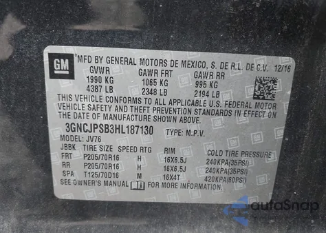 2017 Chevrolet Trax Lt z USA, uszkodzony, nr VIN 3GNCJPSB3HL187130